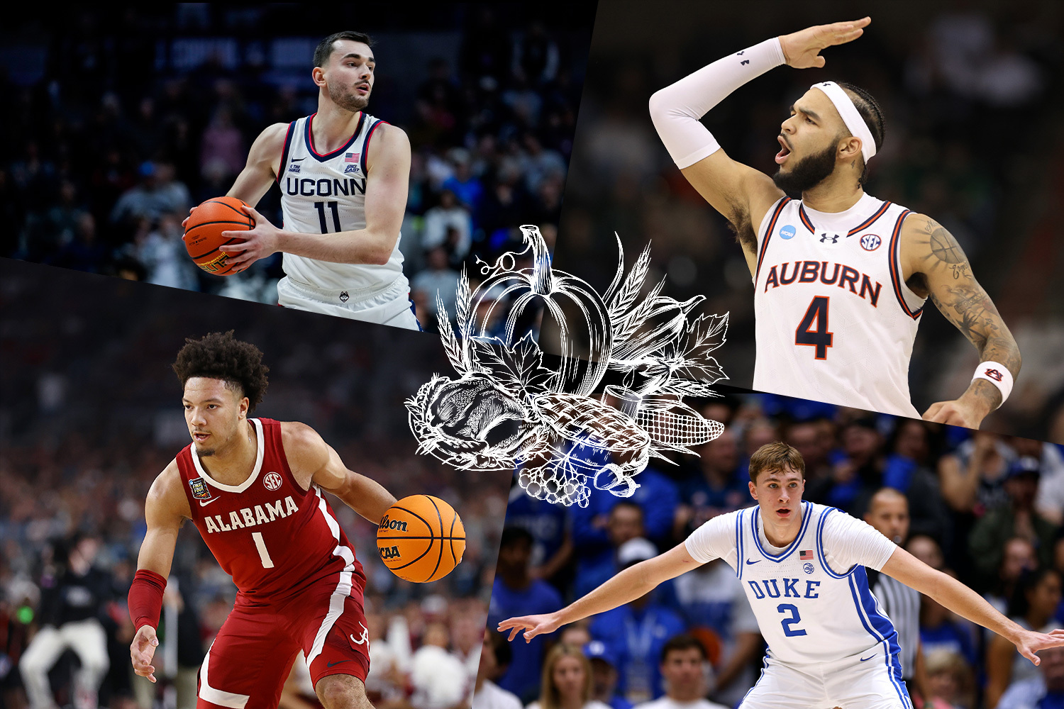 College basketball players Alex Karaban, Johni Broome, Mark Sears, and Cooper Flagg in action