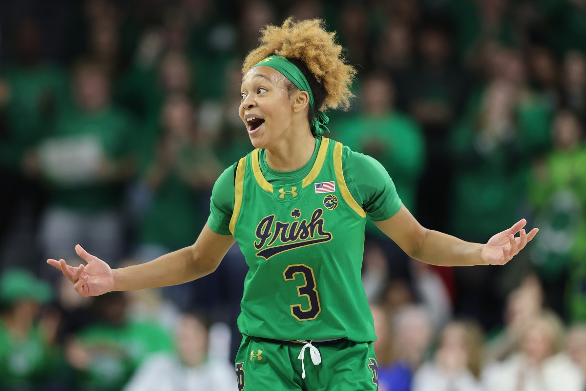 Notre Dame guard Hannah Hidalgo celebrates a win over No .2 UConn,
