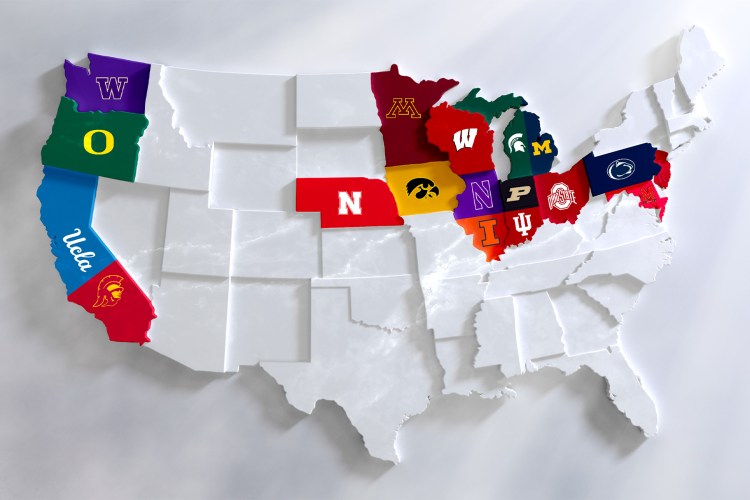 A map of the Big Ten conference's footprint across America. West coast to east coast