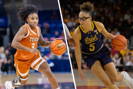 Texas guard Rori Harmon, left, and Notre Dame guard Olivia Miles in a split screen image