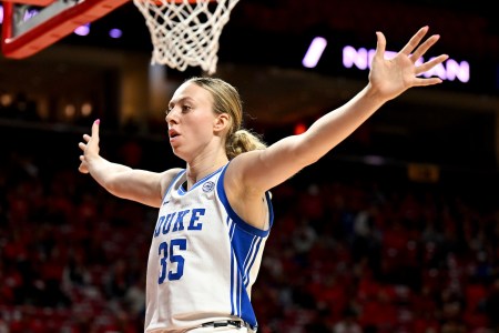 Toby Fournier #35 of the Duke Blue Devils defends