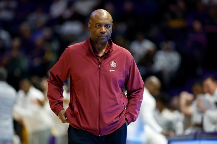 Head coach Leonard Hamilton of the Florida State Seminoles reacts to a play