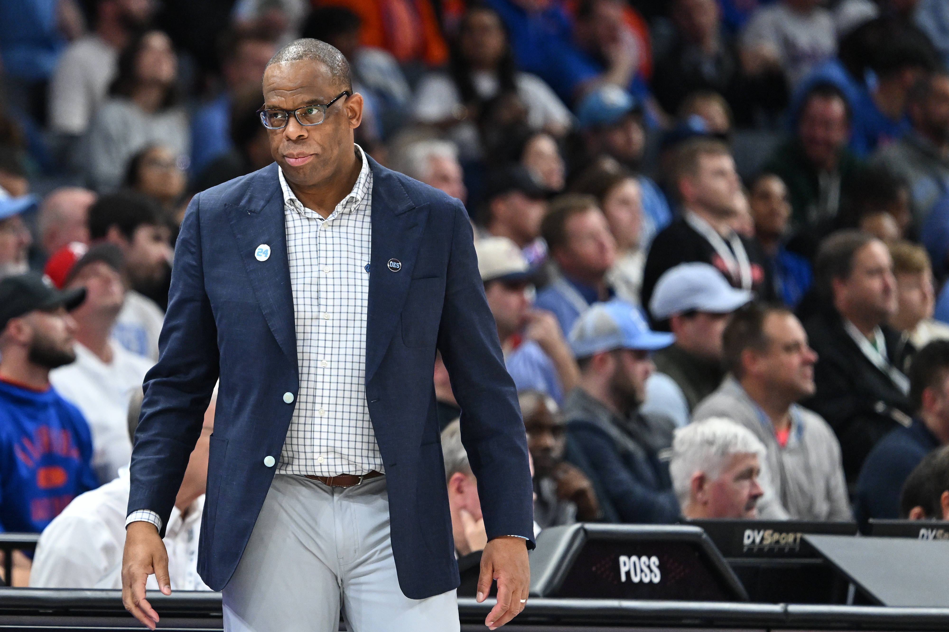 North Carolina men's basketball coach Hubert Davis looks concerned