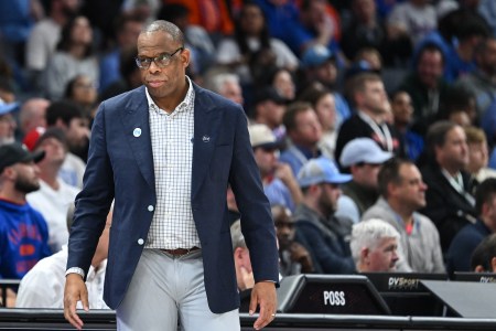 North Carolina men's basketball coach Hubert Davis looks concerned