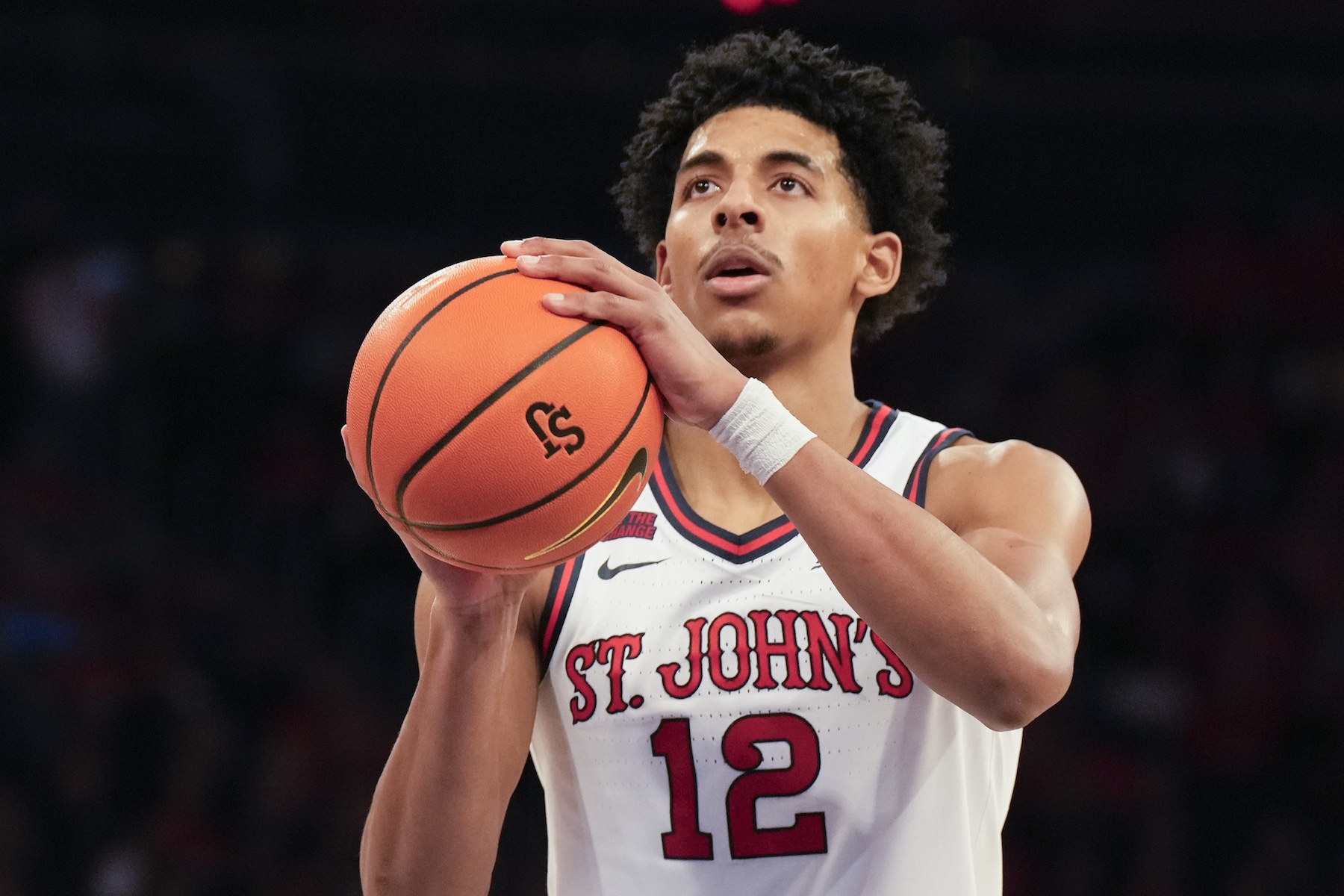 RJ Luis Jr. #12 of the St. John's Red Storm shoots a free throw during the second half of a college basketball game against the New Mexico Lobos at Madison Square Garden on November 17, 2024 in New York City. (Photo by Porter Binks/Getty Images)