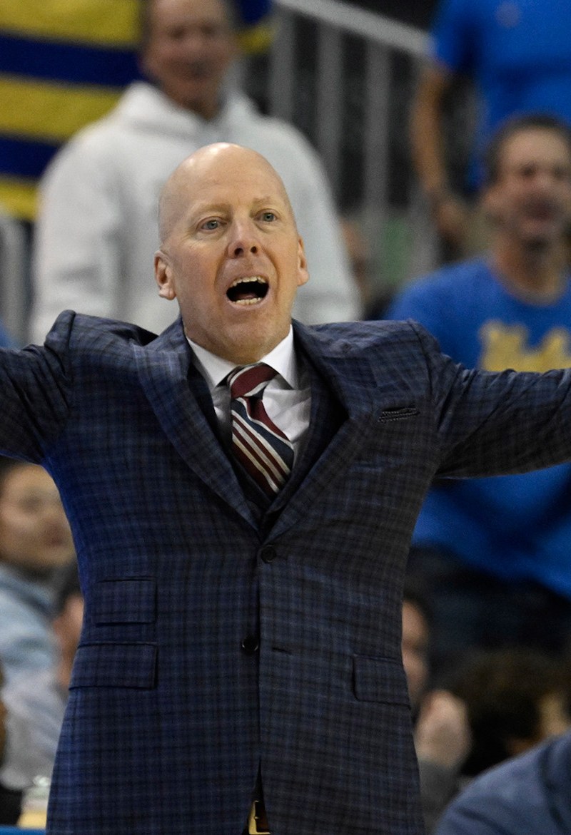 UCLA head coach Mick Cronin with his hands in the air.
