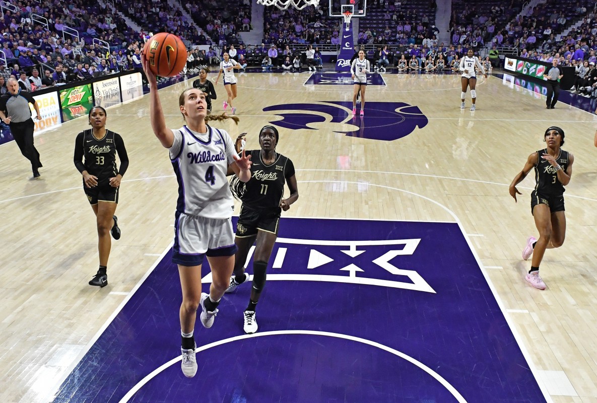 Kansas State women's basketball player Serena Sundell goes up for a layup.