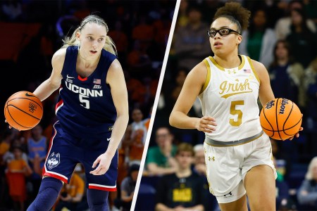 Split image of UConn guard Paige Bueckers, and Notre Dame guard Olivia Miles