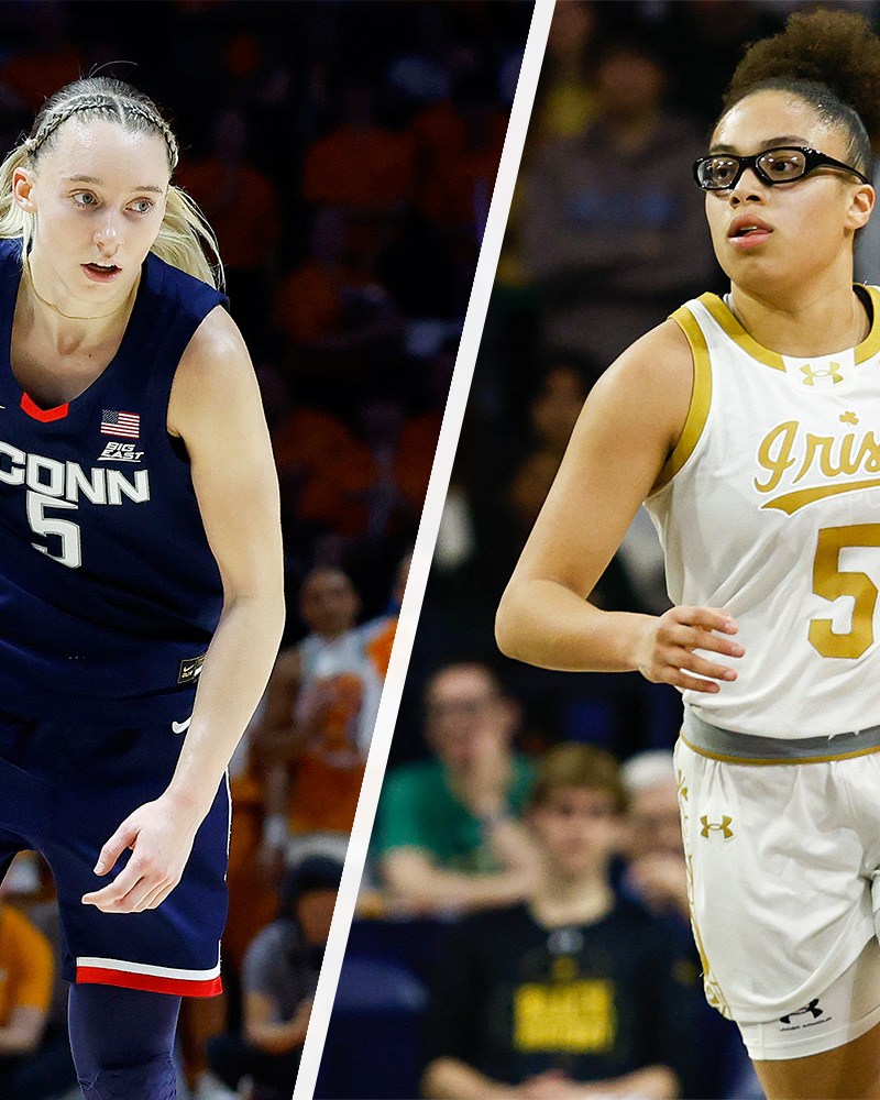 Split image of UConn guard Paige Bueckers, and Notre Dame guard Olivia Miles