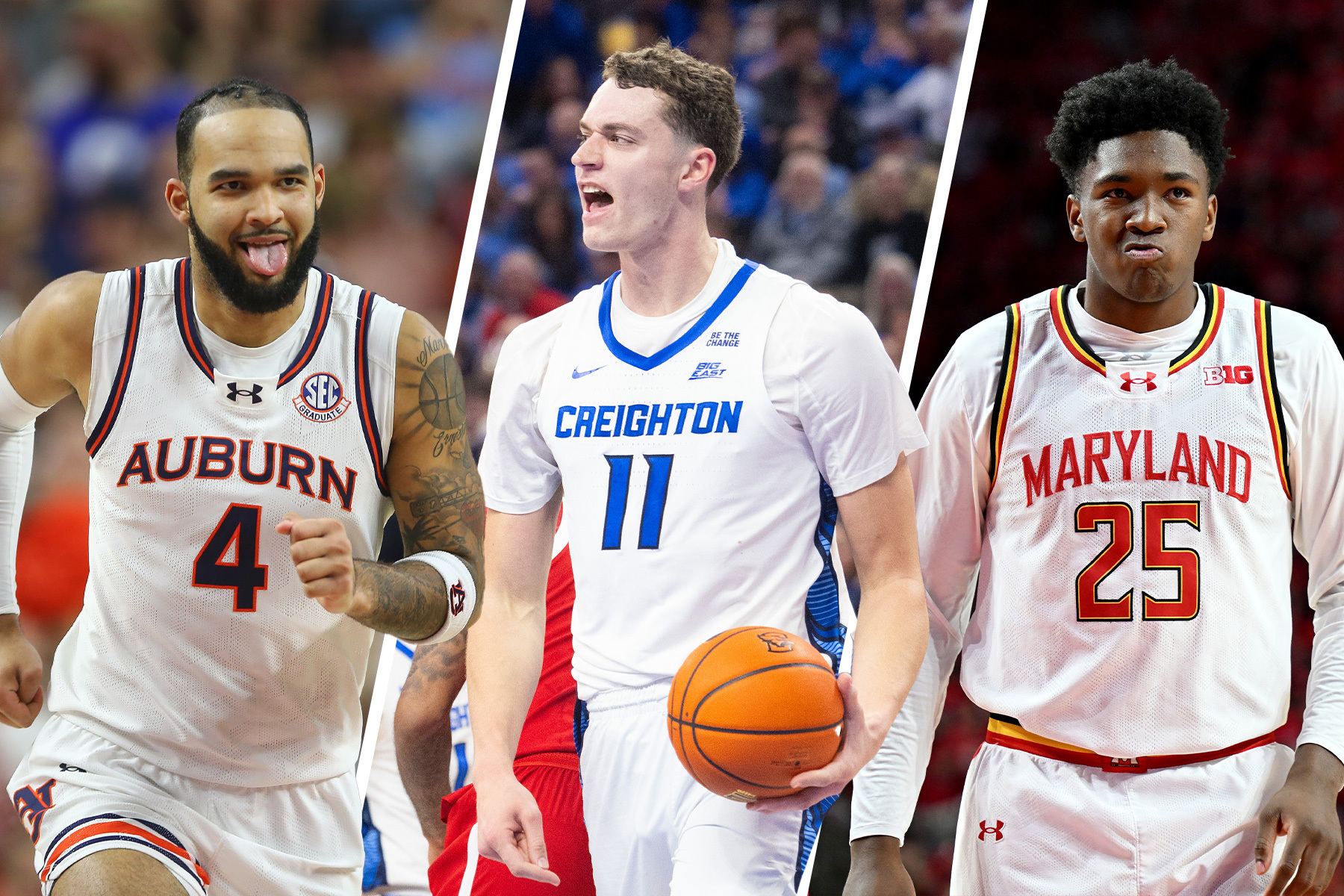 A graphic of 3 college basketball players: Johni Broome, Ryan Kalkbrenner and Derik Queen.