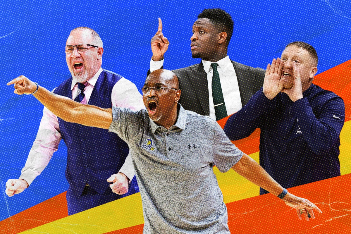 A graphic of college basketball coaches Buzz Williams, Tony Skinn, Mike Rhoades and Mike Jones