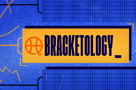 A graphic illustrating Bracketology 2025, which predicts the 68 teams in the men's NCAA March Madness Tournament