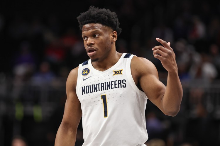 West Virginia Mountaineers guard Joseph Yesufu (1) in the first half of a Big 12 tournament game between the Colorado Buffaloes and West Virginia Mountaineers on March 12, 2025