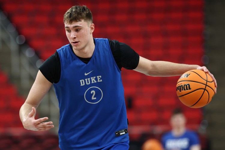 Cooper Flagg #2 of the Duke Blue Devils dribbles during practice day prior to the First Round of the NCAA Men's Basketball Tournament at Lenovo Center on March 20, 2025 in Raleigh, North Carolina.