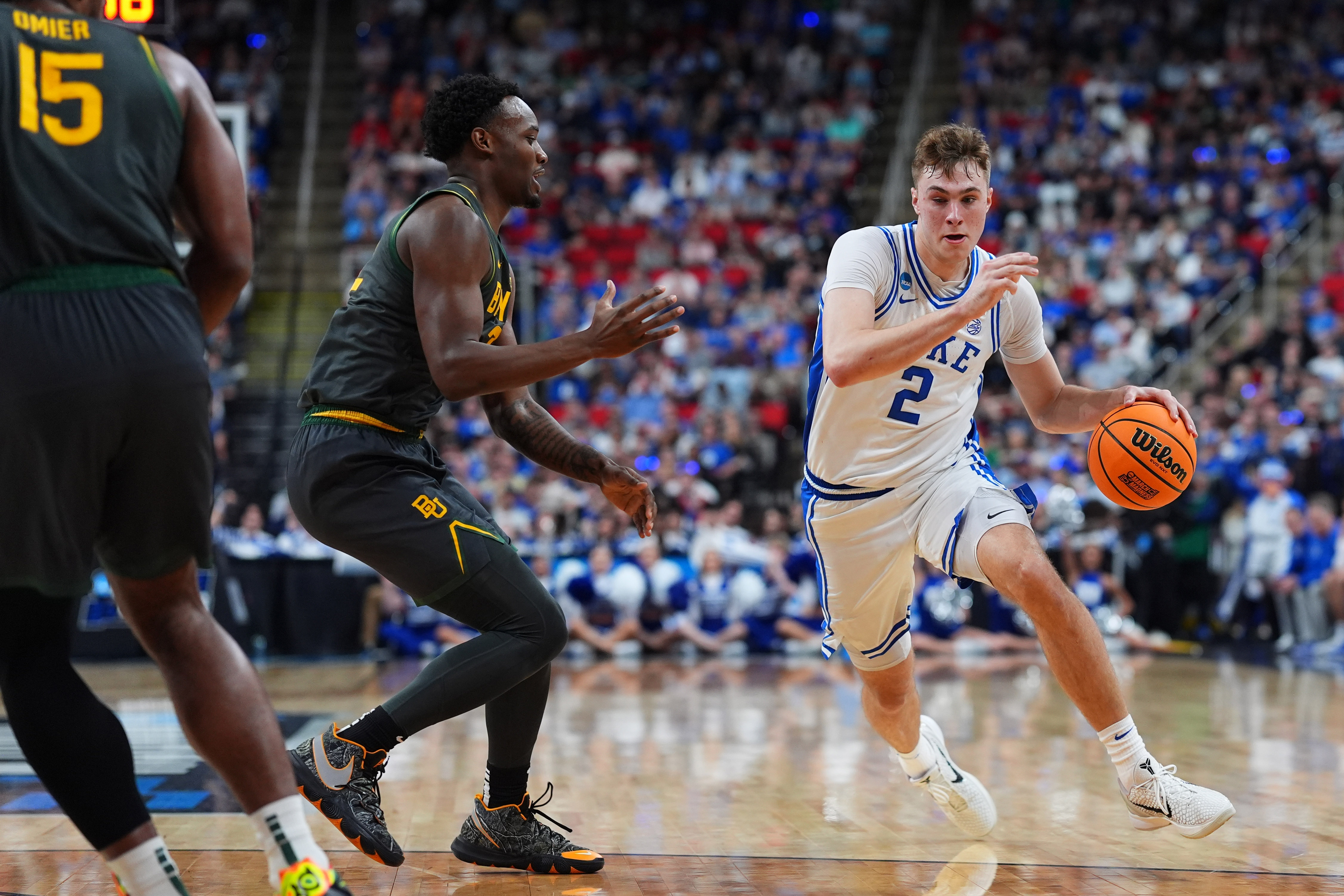 Cooper Flagg #2 of the Duke Blue Devils moves the ball against the Baylor Bears during the second round of the 2025 NCAA Men's Basketball Tournament on March 23, 2025 in Raleigh, North Carolina.