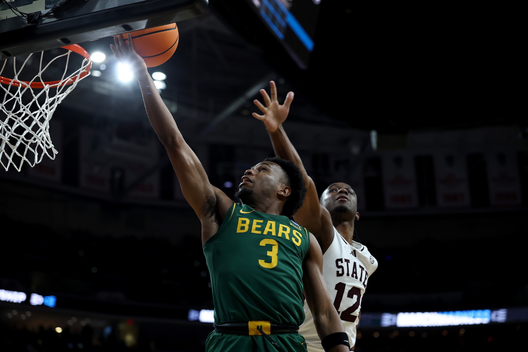 Jeremy Roach #3 of the Baylor Bears shoots a layup against the Mississippi State Bulldogs