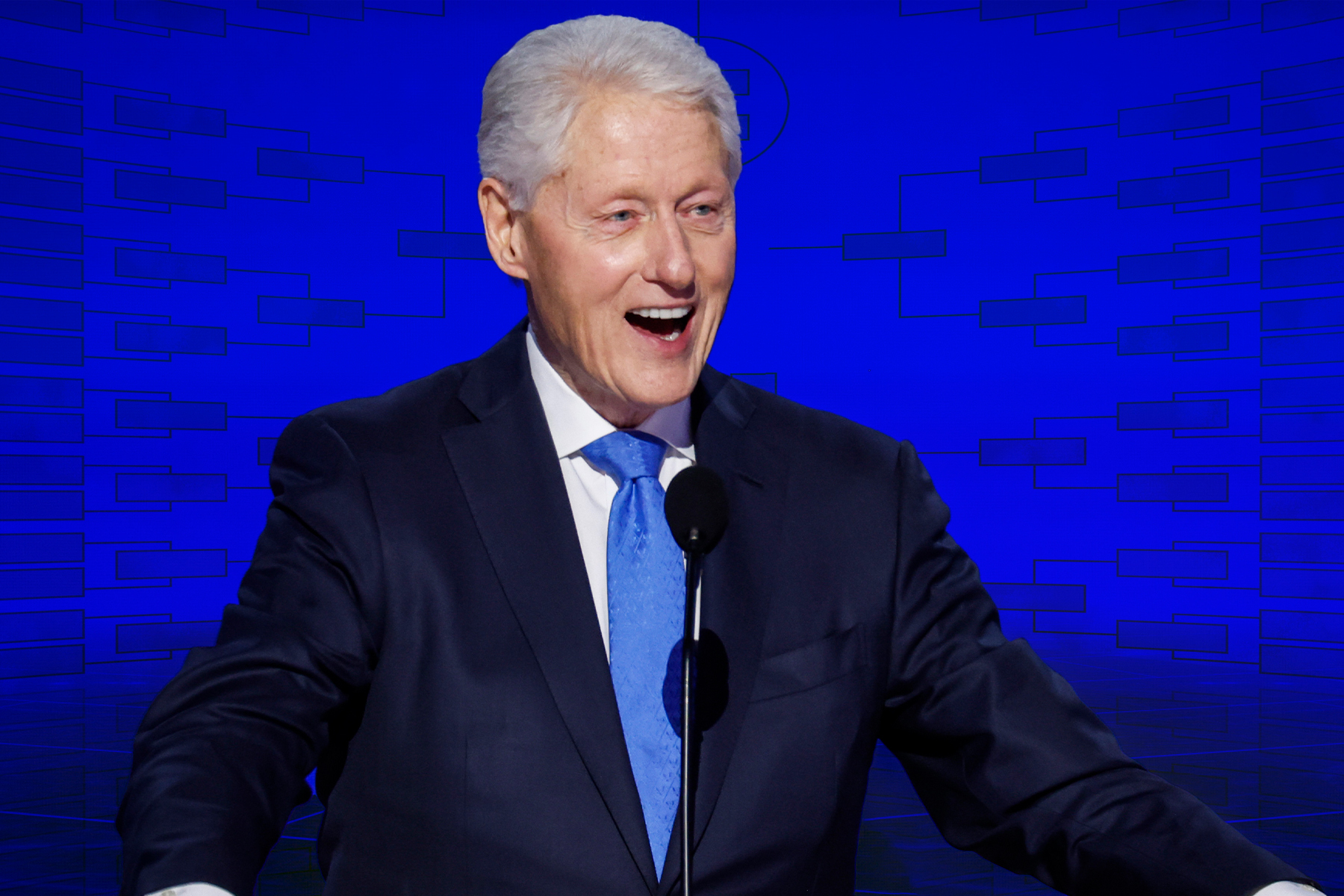 President Bill Clinton posing in front of a March Madness bracket