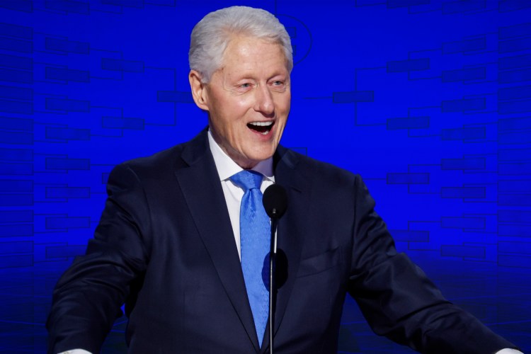 President Bill Clinton posing in front of a March Madness bracket