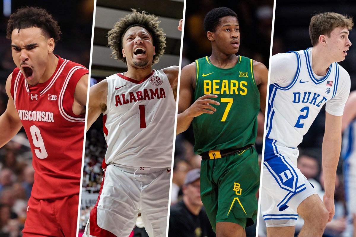 Four college basketball players. From left: Wisconsin's John Tonje; Alabama's Mark Sears; Baylor's VJ Edgecombe and Duke's Cooper Flagg
