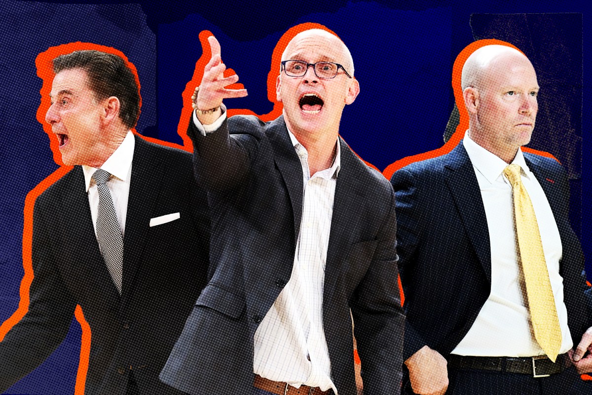 A graphic of 3 Big East Conference basketball coaches: Rick Pitino of St. John's Dan Hurley of UConn and Kevin Willard of Villanova.