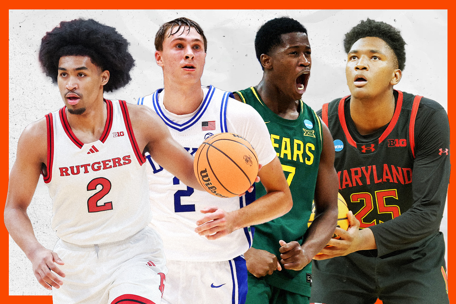 A graphic of college basketball players Dylan Harper, Cooper Flagg, VJ Edgecombe and Derik Queen
