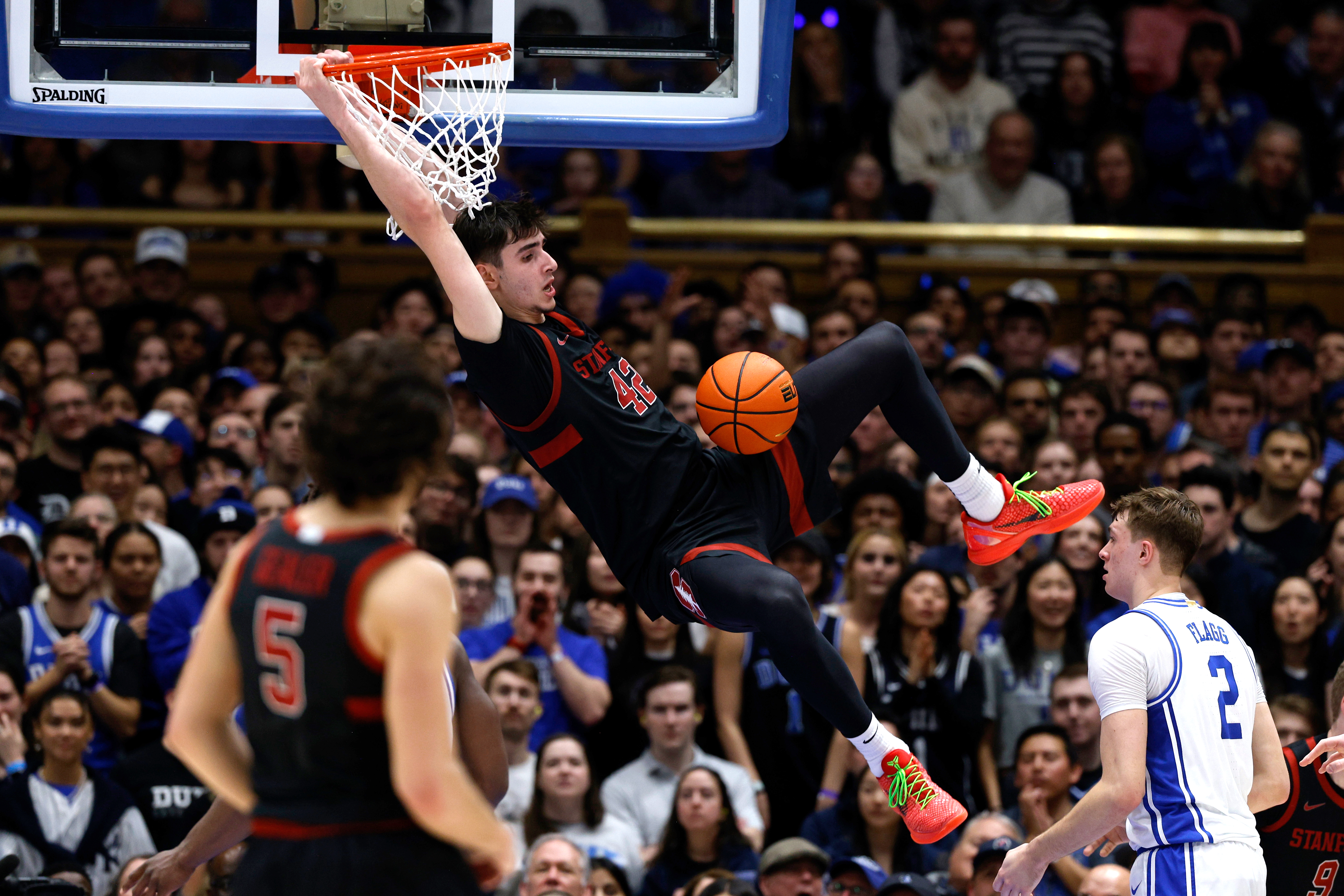 Maxime Raynaud #42 of the Stanford Cardinal dunks the ball against the Duke Blue Devils during the first half at Cameron Indoor Stadium on February 15, 2025