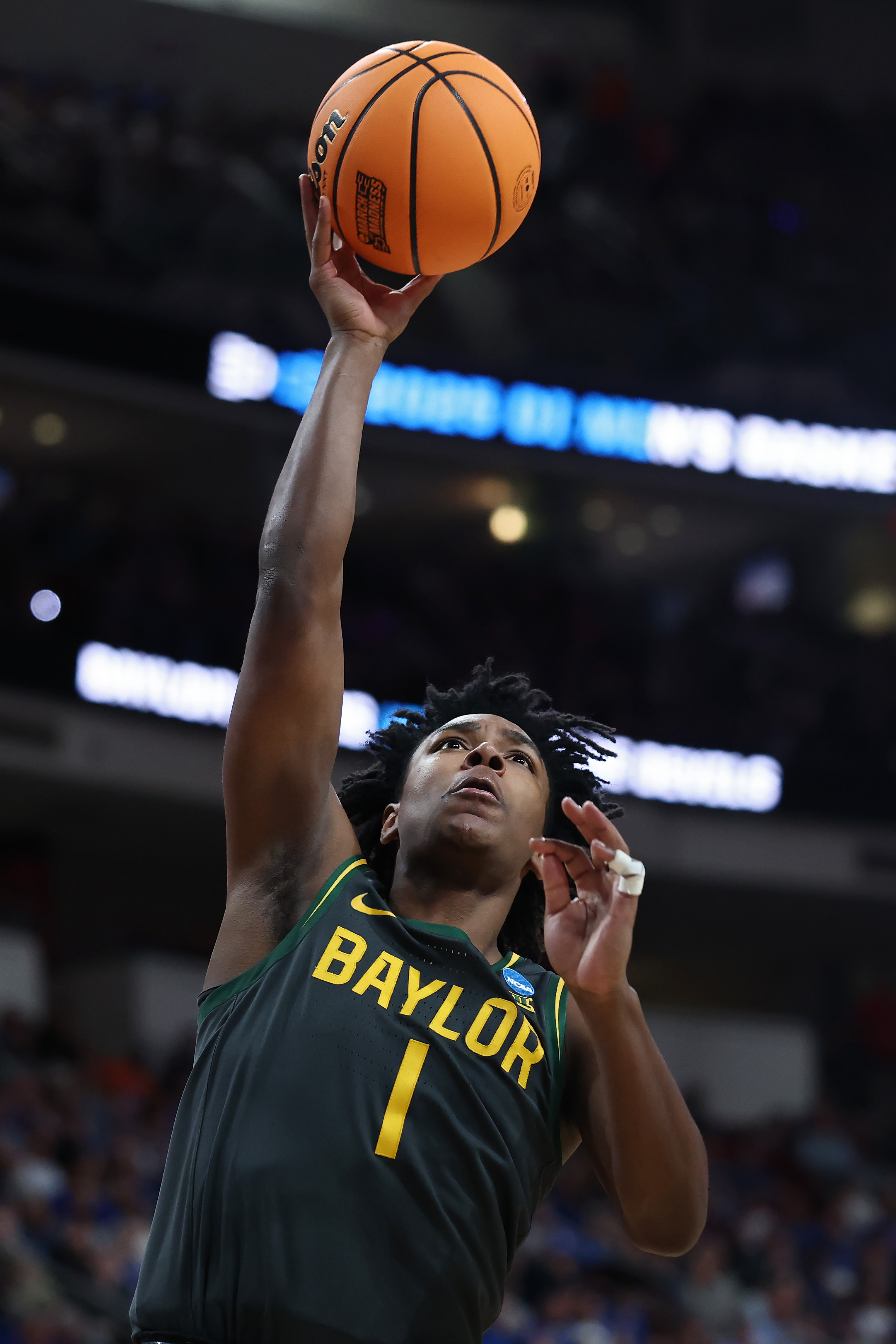 Robert O. Wright III #1 of the Baylor Bears attempts a layup in the first half against the Duke Blue Devils in the second round of the NCAA Men's Basketball Tournament at Lenovo Center on March 23, 2025 in Raleigh, North Carolina.