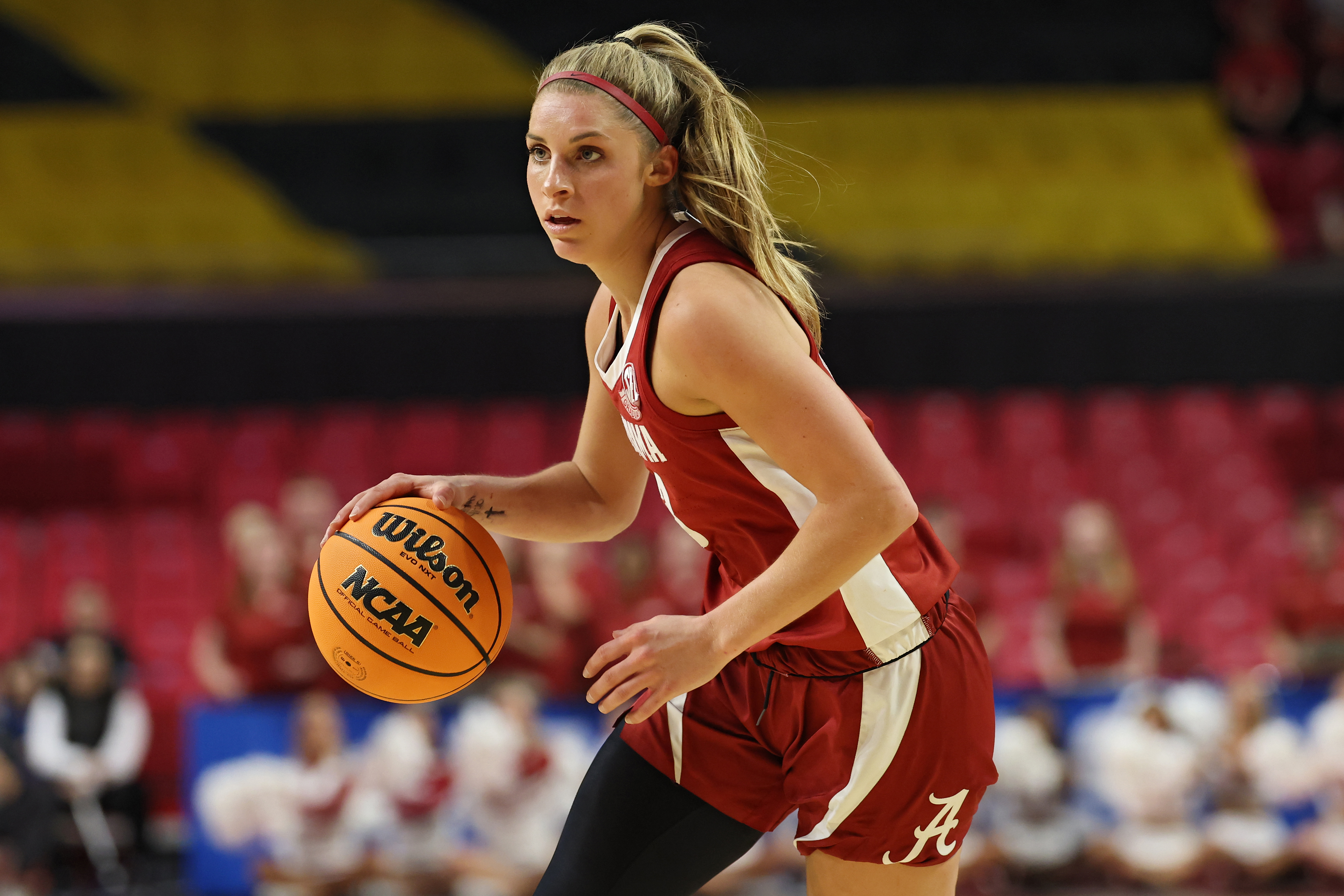 Sarah Ashlee Barker #3 of the Alabama Crimson Tide handles the ball against the Maryland Terrapins during the second half in the Second Round of the 2025 NCAA Women's Basketball Tournament at Xfinity Center on March 24, 2025