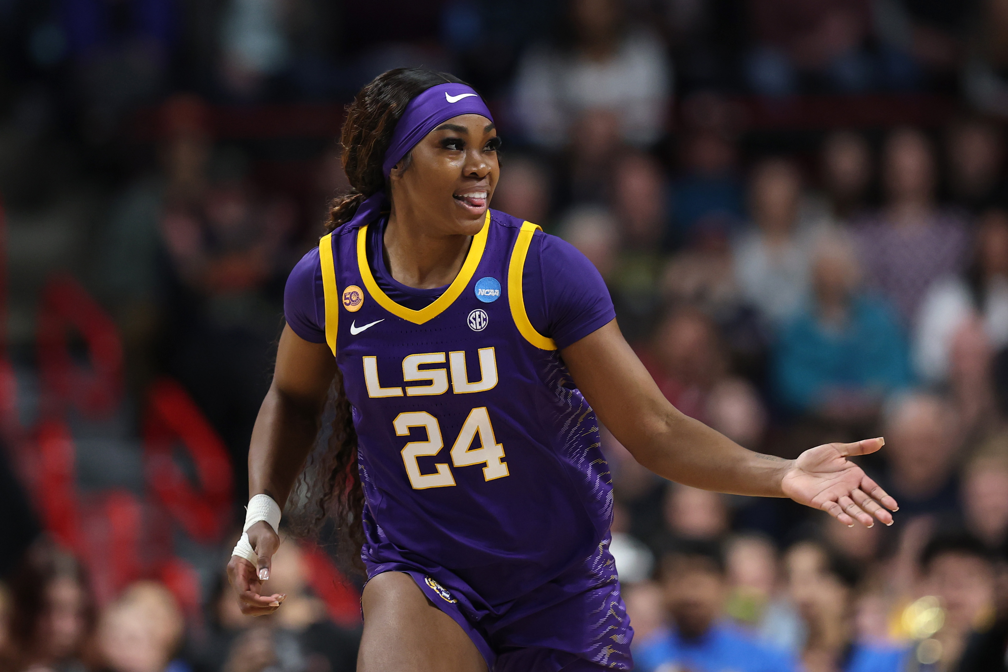 Aneesah Morrow of the LSU Lady Tigers reacts against the UCLA Bruins during the second quarter in the Elite Eight round of the NCAA Women's Basketball Tournament at Spokane Arena on March 30, 2025