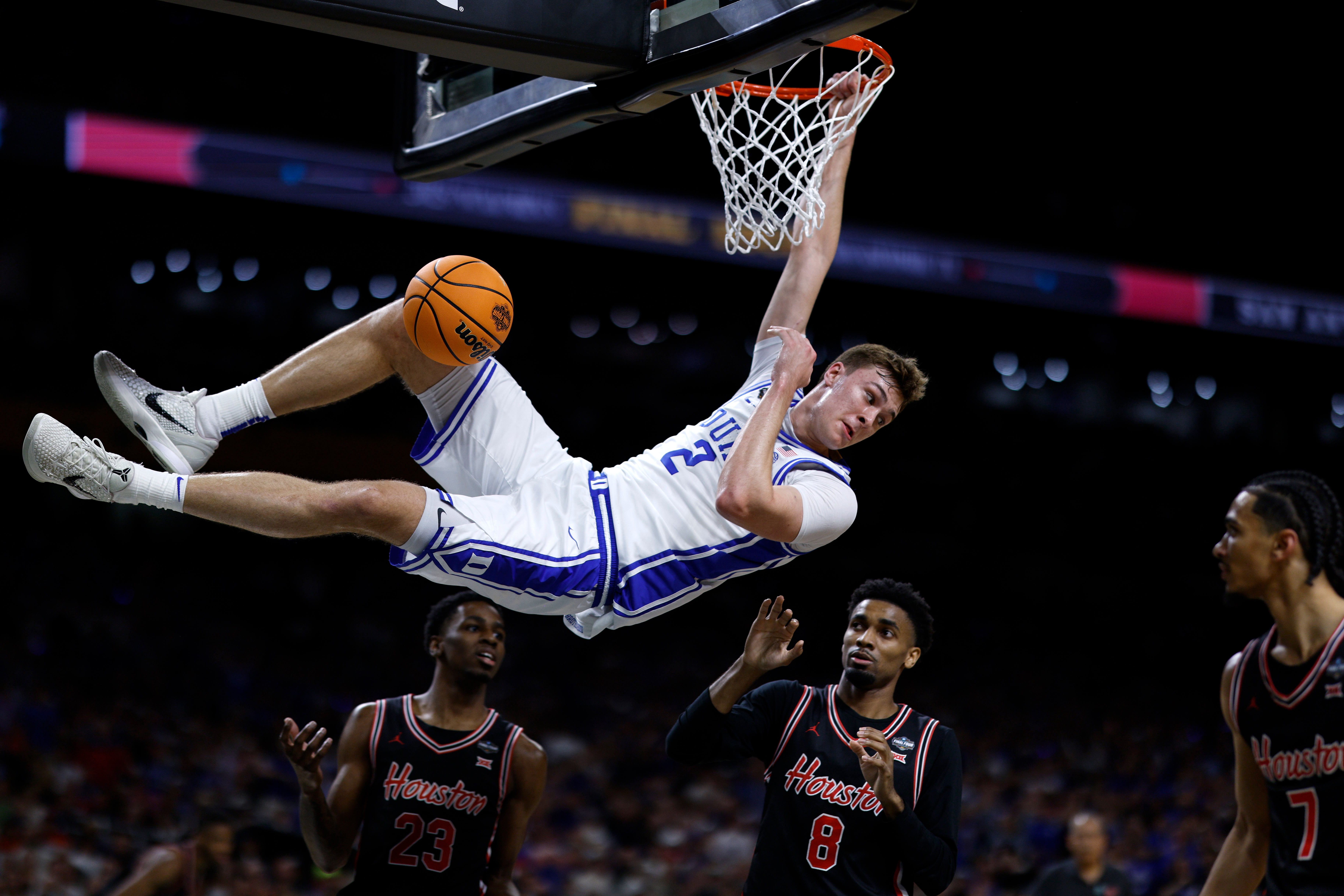 Cooper Flagg #2 of the Duke Blue Devils dunks the ball against the Houston Cougars in the first half during the Final Four round of the men's NCAA basketball tournament at Alamodome on April 5, 2025 in San Antonio, Texas.