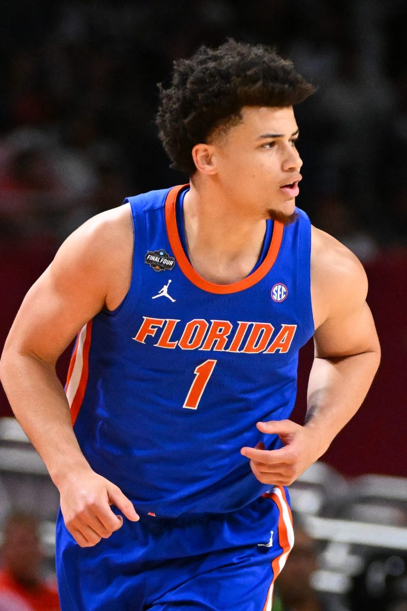 SAN ANTONIO, TEXAS - APRIL 05: Walter Clayton Jr. #1 of the Florida Gators reacts to a made shot during the first half in the Final Four Game of the NCAA Men's Basketball Tournament at Alamodome on April 05, 2025 in San Antonio, Texas. (Photo by Brett Wilhelm/NCAA Photos via Getty Images)