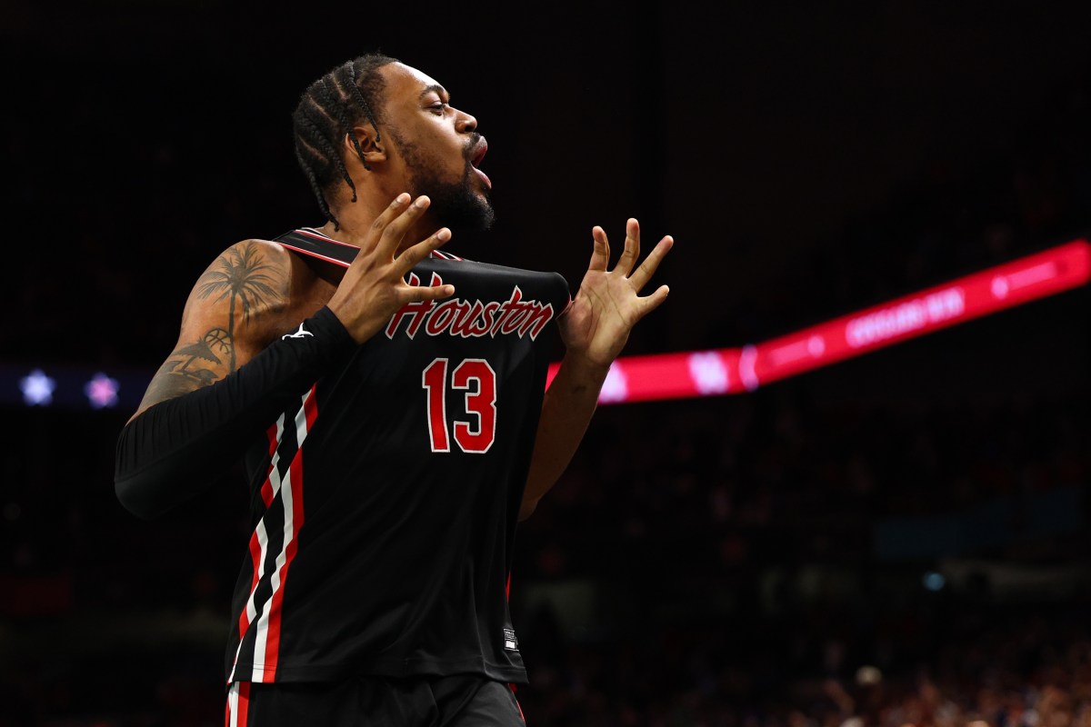 J'Wan Roberts #13 of the Houston Cougars celebrates in the Final Four Game of the NCAA Men's Basketball Tournament at Alamodome on April 05, 2025 in San Antonio, Texas