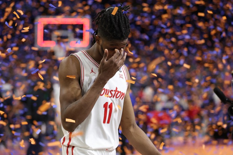 Joseph Tugler #11 of the Houston Cougars reacts after the second half in the National Championship of the NCAA Men's Basketball Tournament against the Florida Gators at the Alamodome on April 07, 2025 in San Antonio, Texas.