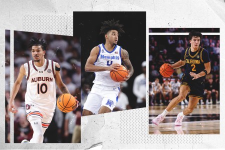 A graphic of college basketball players Chad Baker-Mazara, PJ Haggerty and Andrej Stojakovic