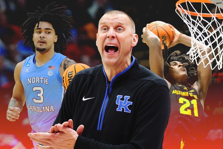 A graphic with 2 college basketball players, Jayden Quaintance and Elliot Cadeau, on either side of Kentucky coach Mark Pope.