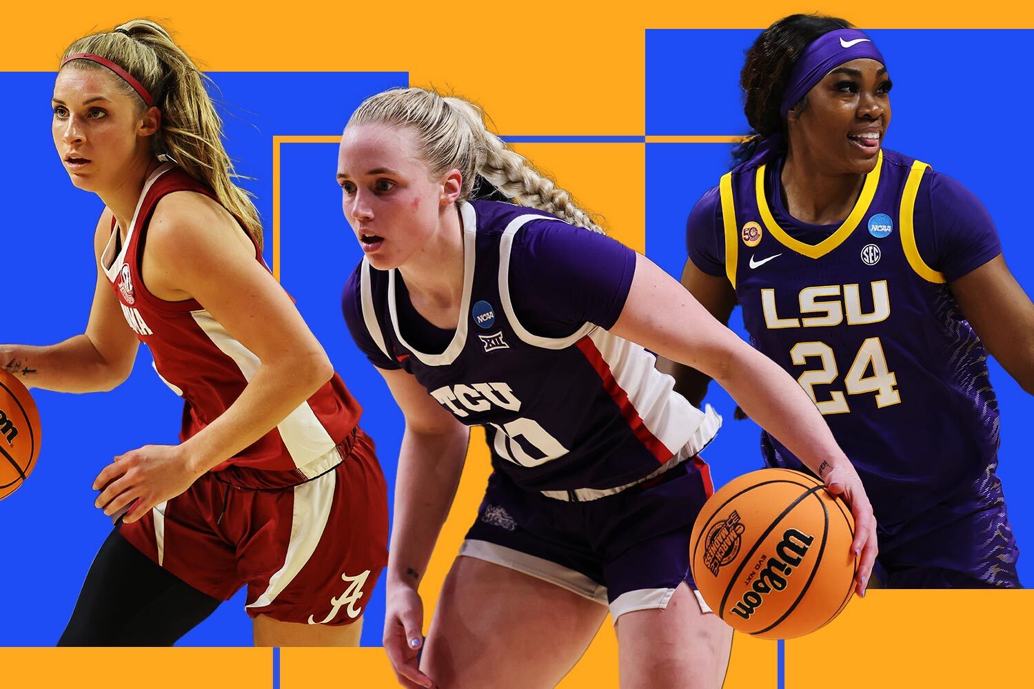 A graphic of thre women's college basketball players: Sarah Ashlee Barker, Haley Van Lith and Aneesah Morrow