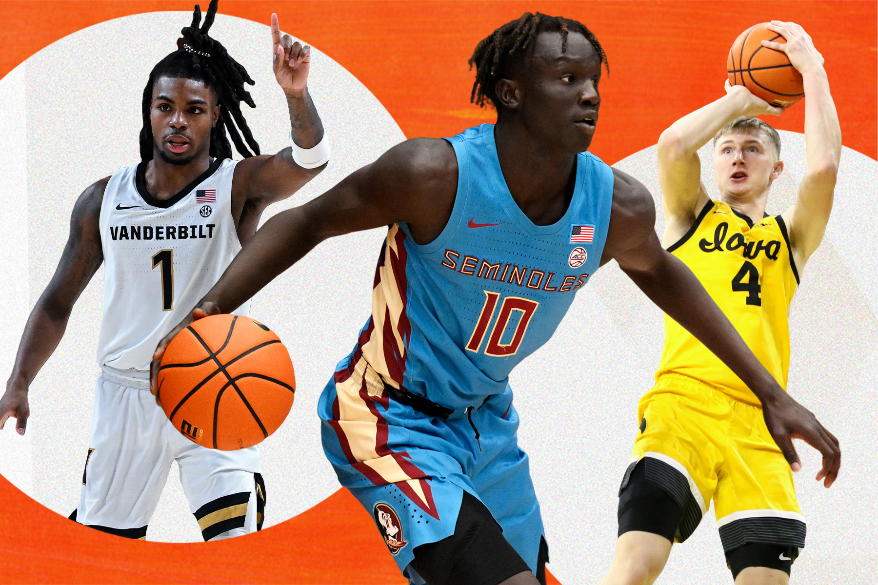 A graphic of 3 college basketball players: Jason Edwards Taylor Bol Bowen and Josh Dix.