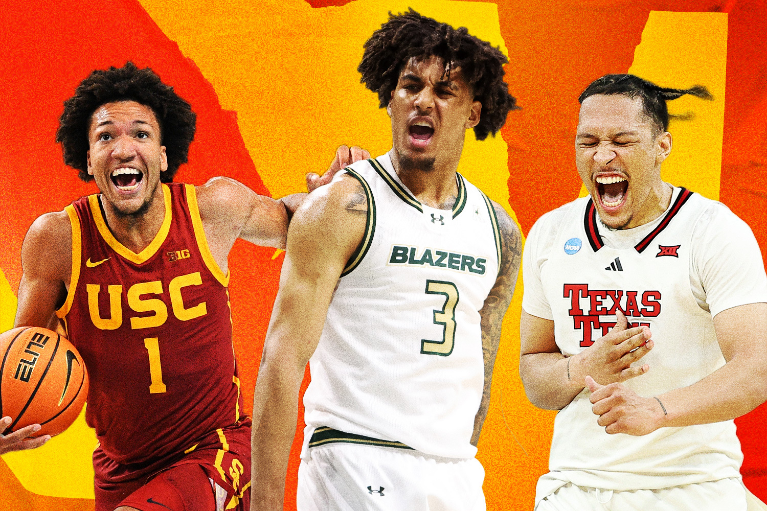 A graphic of 3 college basketball players: Desmond Claude, Yaxel Lendeborg and Darrion Williams