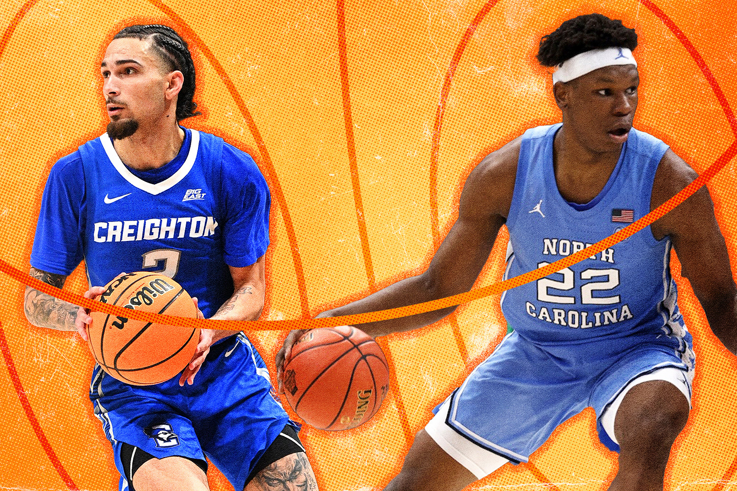 Graphic of college basketball players Pop Isaacs of Creighton and Ven-Allen Lubin of UNC