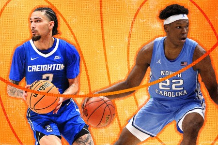 Graphic of college basketball players Pop Isaacs of Creighton and Ven-Allen Lubin of UNC