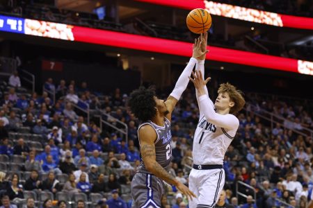 NEWARK, NEW JERSEY - FEBRUARY 7: Rowan Brumbaugh #1 of the Georgetown Hoyas attempts a shot as Isaiah Coleman #21 of the Seton Hall Pirates defends during the first half of a game at Prudential Center on February 7, 2024 in Newark, New Jersey. (Photo by Rich Schultz/Getty Images)