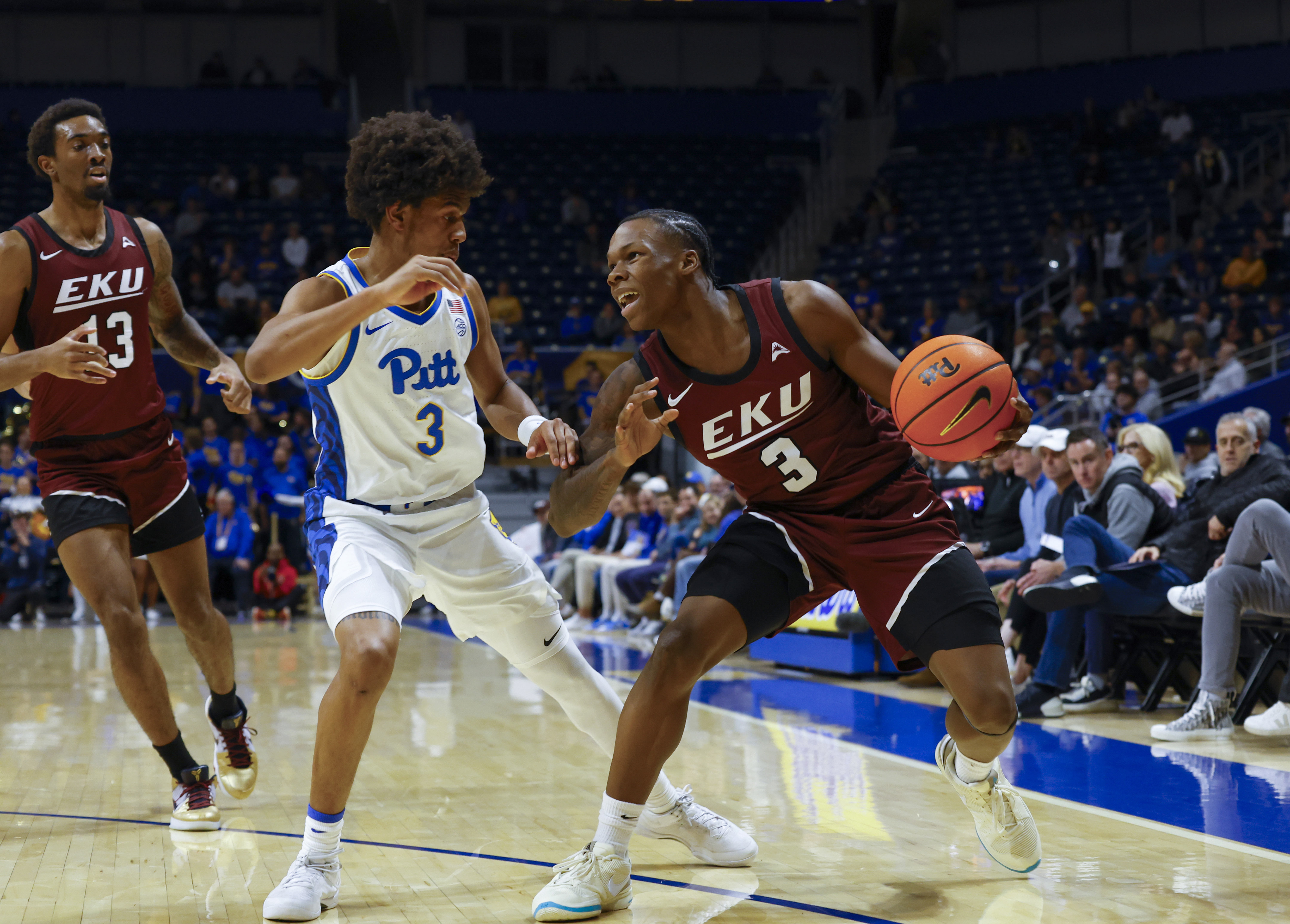 George Kimble III #3 of the Eastern Kentucky Colonels in action against the Pittsburgh Panthers at Petersen Events Center on December 11, 2024