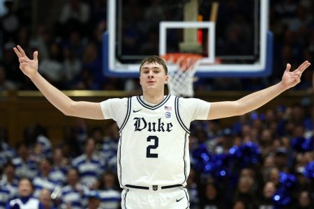 DURHAM, NORTH CAROLINA - JANUARY 11: Cooper Flagg #2 of the Duke Blue Devils reacts following a three point basket during the second half of the game against the Notre Dame Fighting Irish at Cameron Indoor Stadium on January 11, 2025 in Durham, North Carolina. (Photo by Jared C. Tilton/Getty Images)