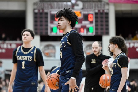 Tyran Stokes of Notre Dame (4) during the Spalding Hoophall Classic high school basketball game between Columbus and Notre Dame