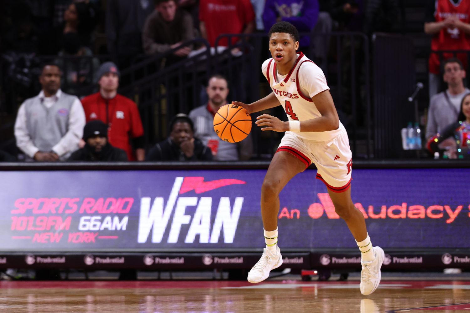 PISCATAWAY, NEW JERSEY - FEBRUARY 12: Ace Bailey #4 of the Rutgers Scarlet Knights dribbles the ball during the second half against the Iowa Hawkeyes at Jersey Mike's Arena on February 12, 2025 in Piscataway, New Jersey. (Photo by Ed Mulholland/Getty Images)