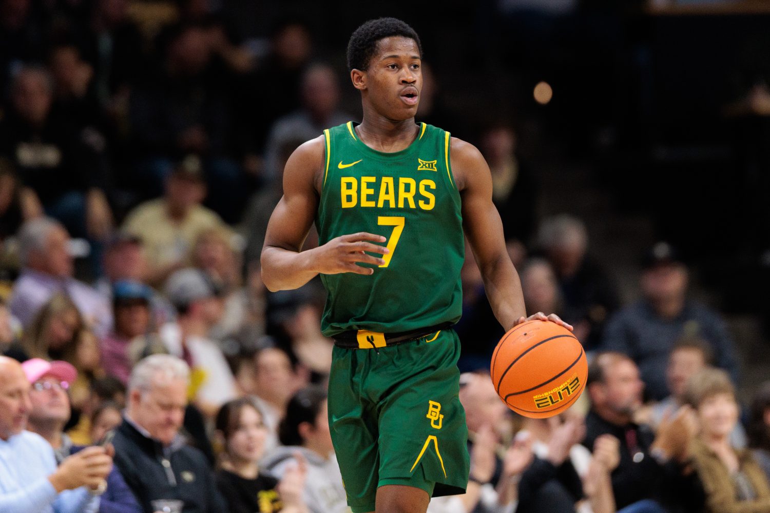 BOULDER, COLORADO - FEBRUARY 22: VJ Edgecombe #7 of the Baylor Bears drives to the basket during the second half against the Colorado Buffaloes at the CU Events Center on February 22, 2025 in Boulder, Colorado. (Photo by Andrew Wevers/Getty Images)