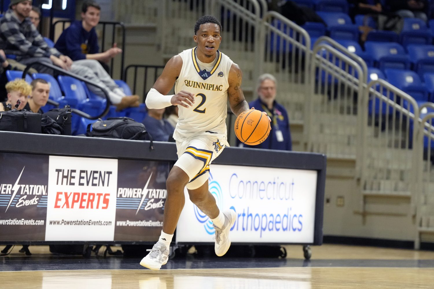 HAMDEN, CT - MACRH 06: Amarri Monroe #2 of the Quinnipiac Bobcats dribbles up court during a college basketball game against the Mount St. Mary's Mountaineers at M & T Bank Arena on March 06, 2025 in Hamden, Connecticut. (Photo by Mitchell Layton/Getty Images)