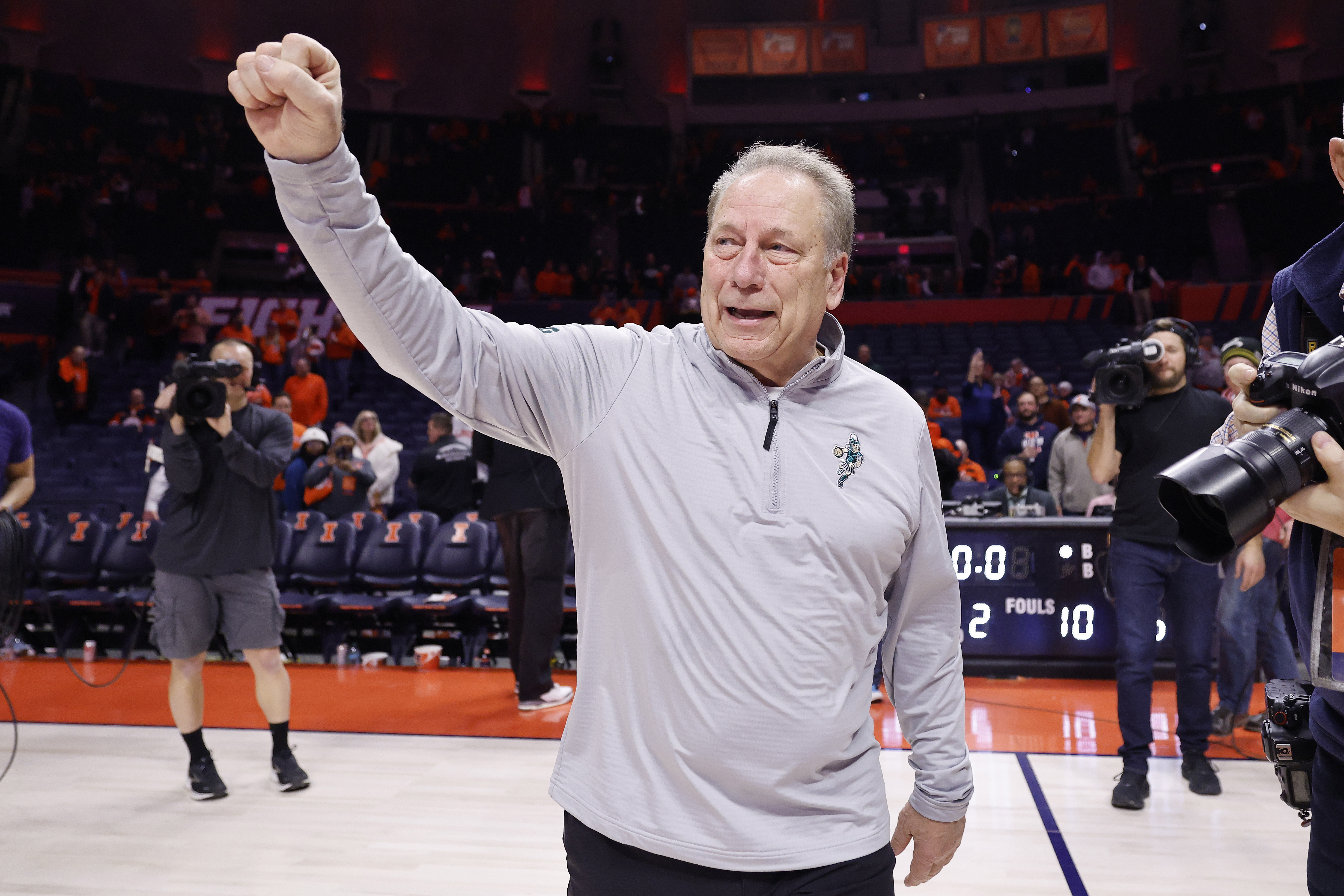 CHAMPAIGN, ILLINOIS - FEBRUARY 15: Head coach Tom Izzo of the Michigan State Spartans celebrates after defeating the Illinois Fighting Illini, his 354th win in the Big Ten, passing Bob Knight for the coach with the most Big Ten wins, at State Farm Center on February 15, 2025 in Champaign, Illinois. (Photo by Michael Reaves/Getty Images)