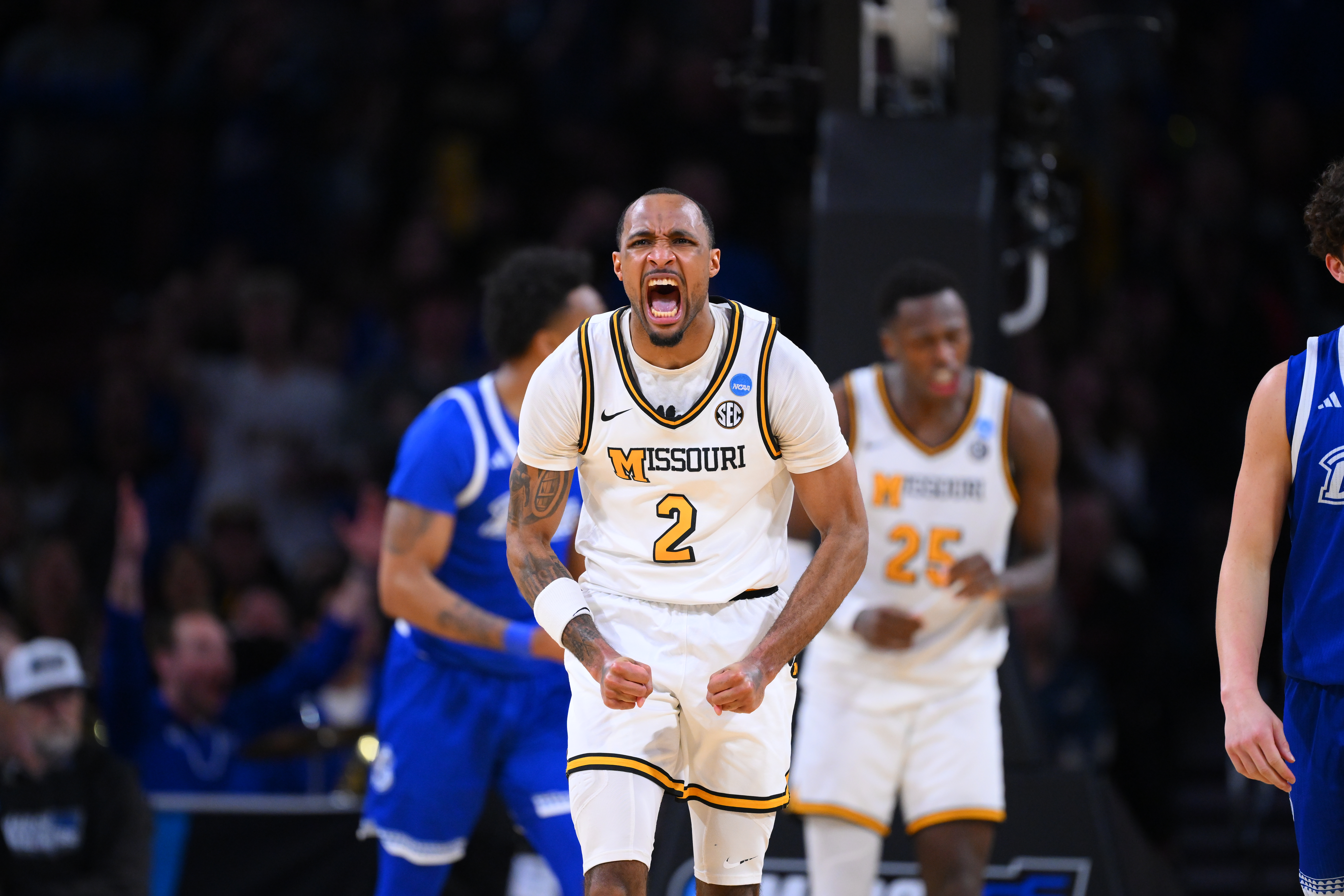 Tamar Bates shouts during Missouri's NCAA Tournament match against the Drake Bulldogs