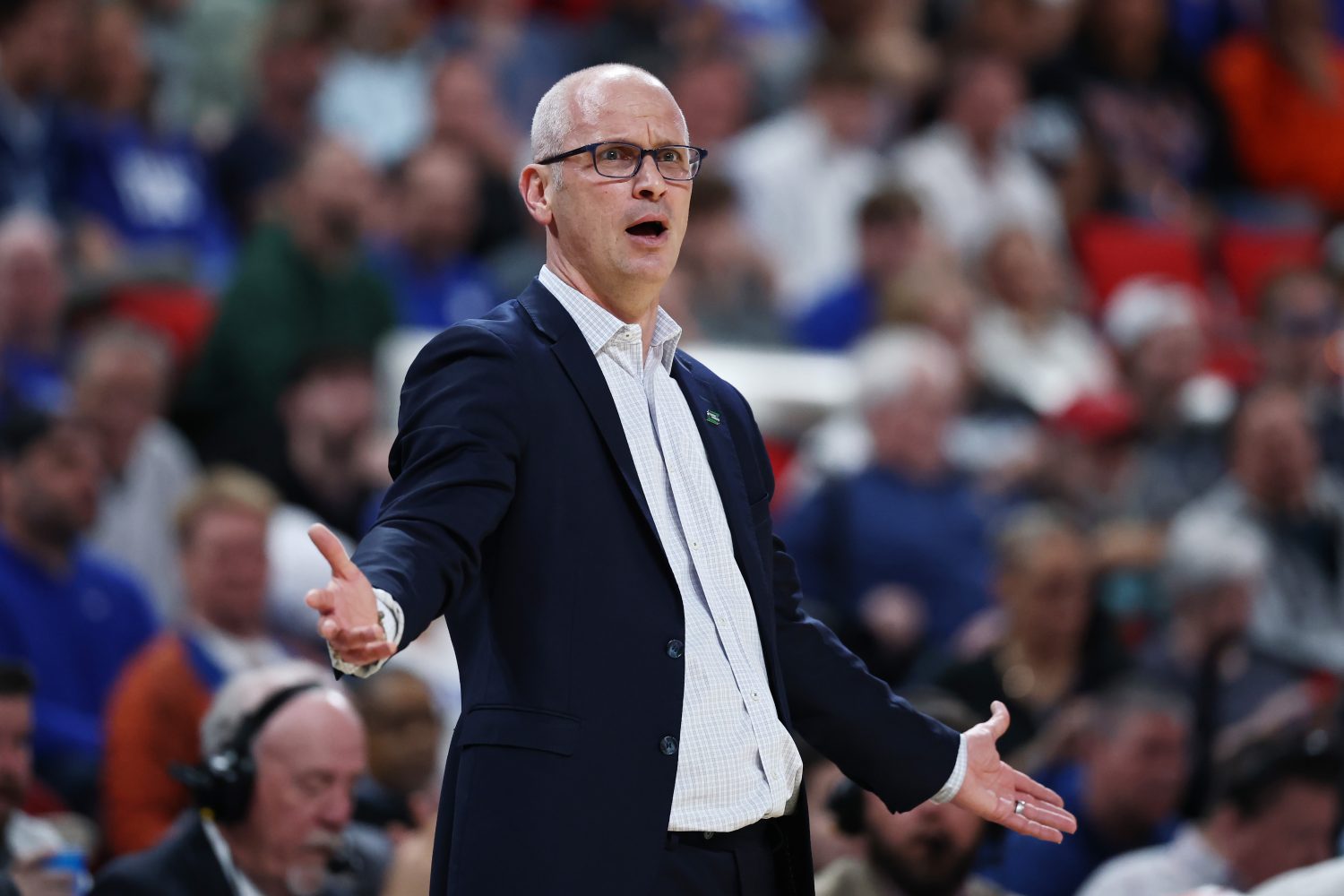 RALEIGH, NORTH CAROLINA - MARCH 23: Head coach Dan Hurley of the Connecticut Huskies reacts in the first half against the Florida Gators in the second round of the NCAA Men's Basketball Tournament at Lenovo Center on March 23, 2025 in Raleigh, North Carolina. (Photo by Jared C. Tilton/Getty Images)